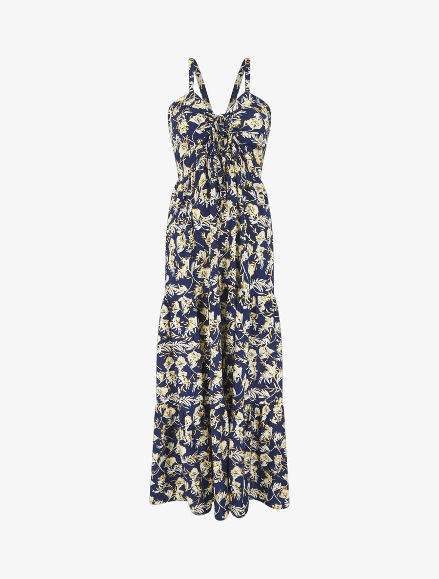 Robe longue évasée imprimé fleur irisé à bretelles - Marine - 4