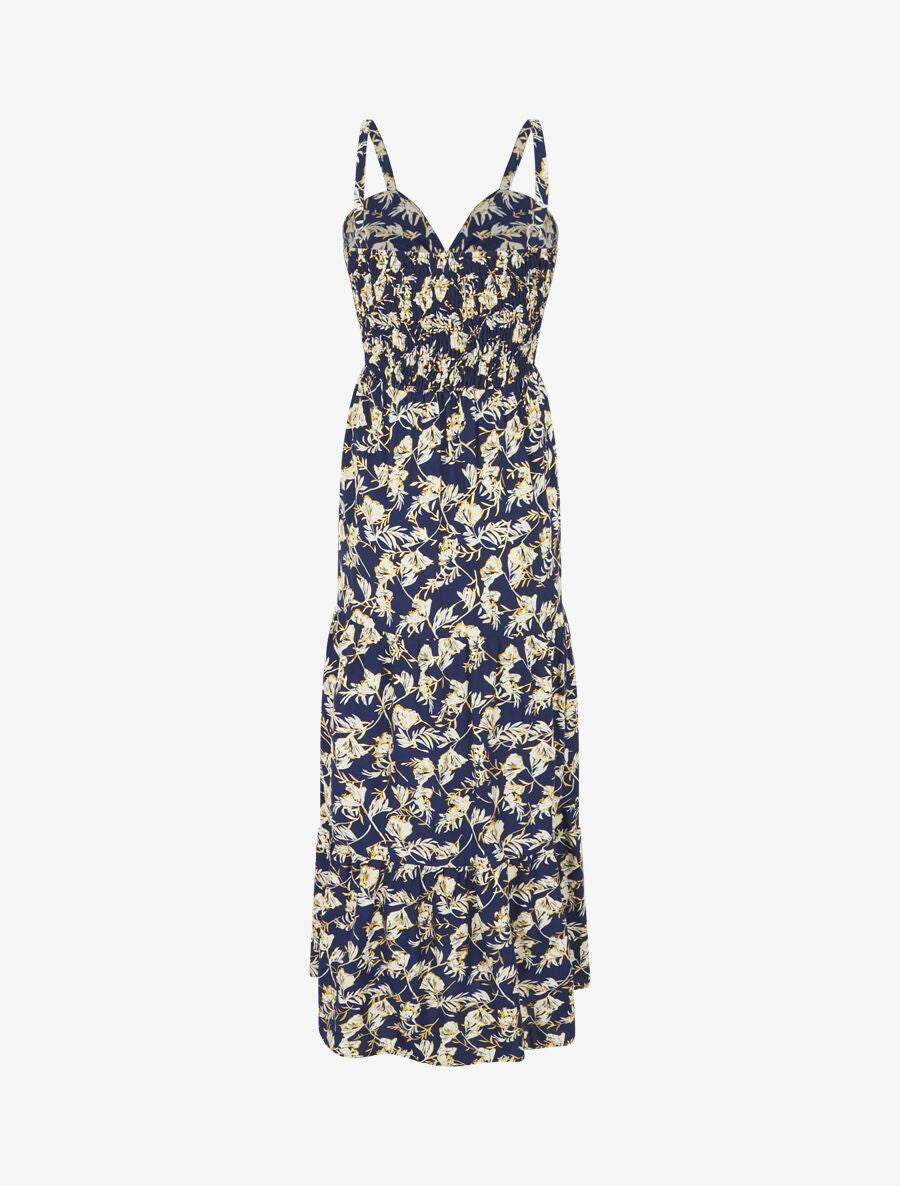 Robe longue évasée imprimé fleur irisé à bretelles - Marine - 2