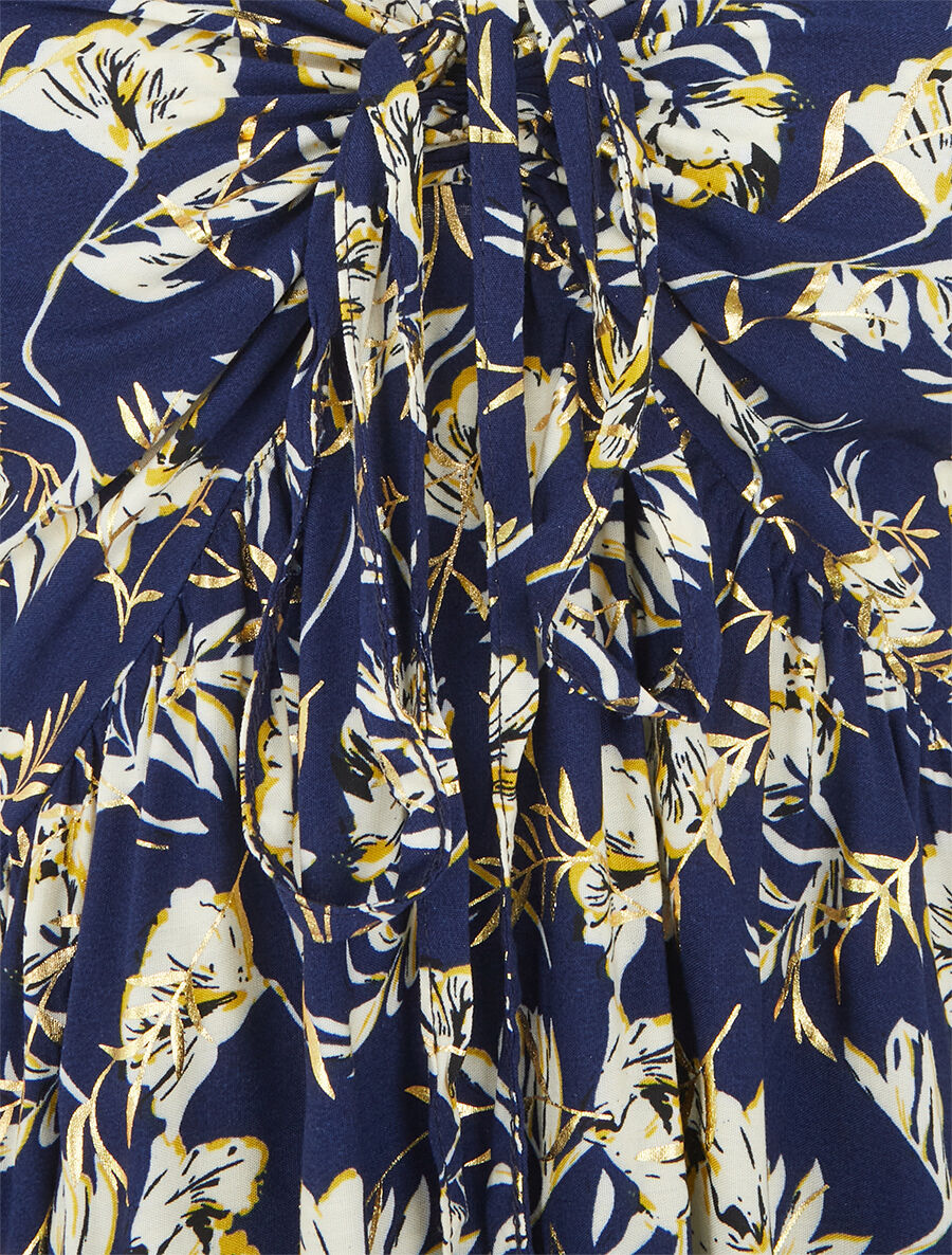 Robe longue évasée imprimé fleur irisé à bretelles - Marine - 3