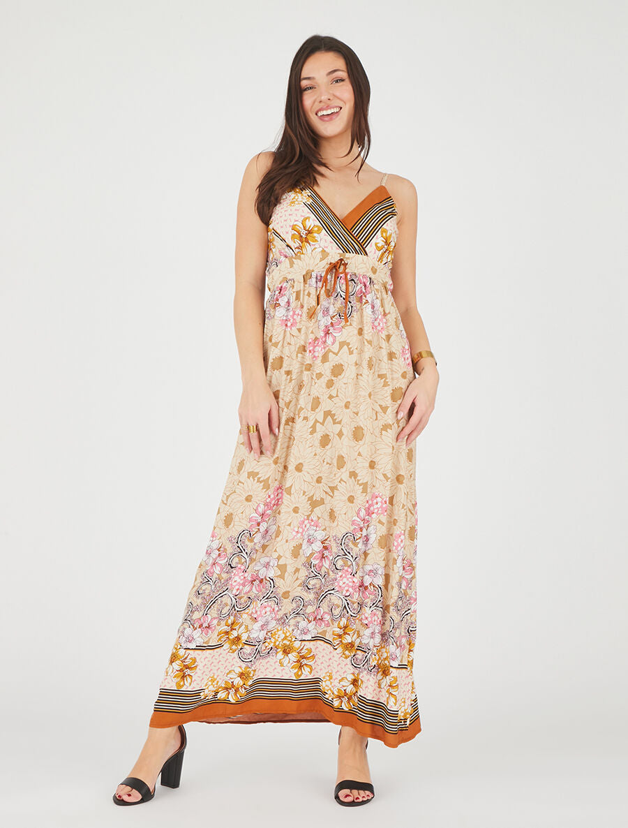 Robe longue empire à bretelles imprimé floral - Beige - 4