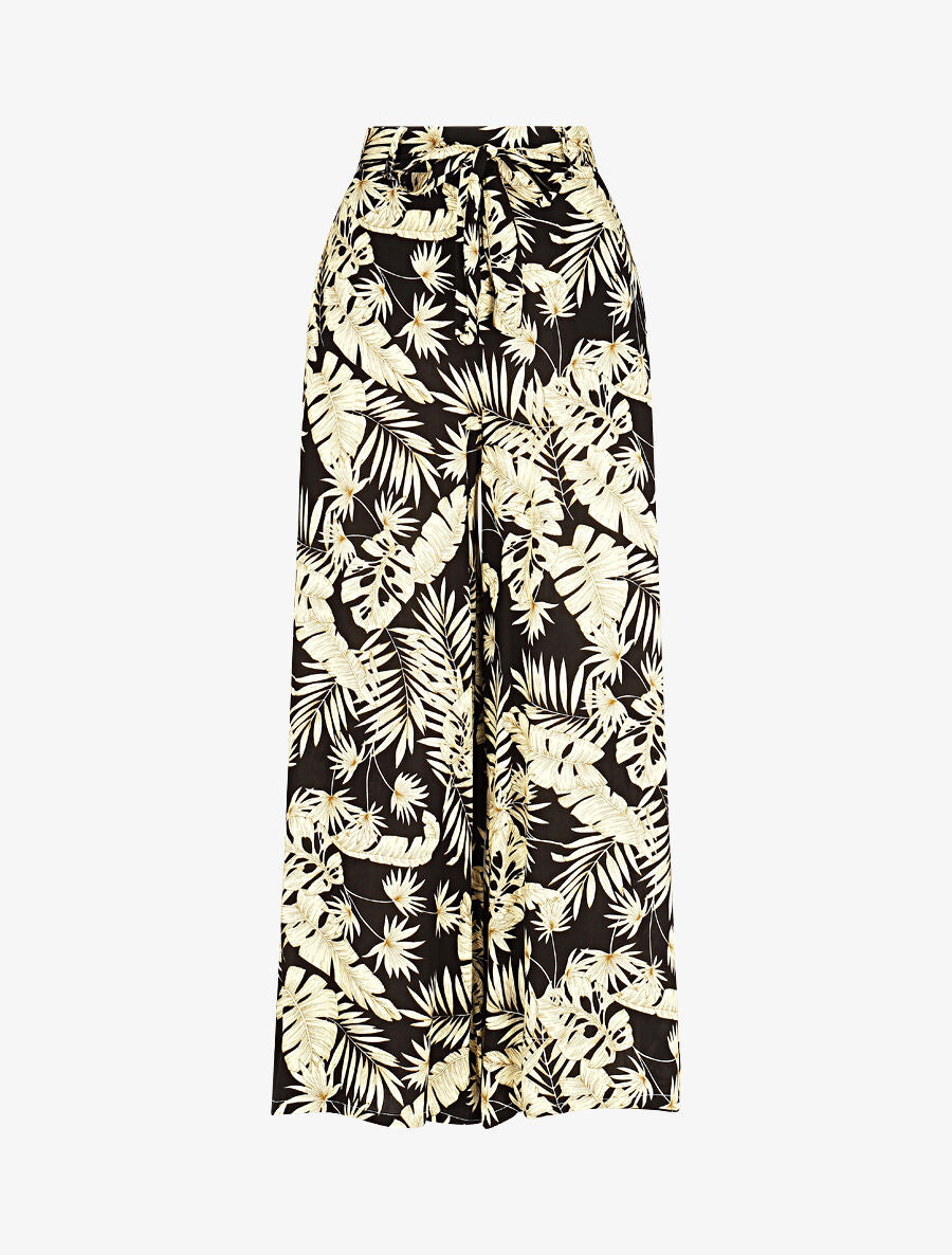 Pantalon fluide élastiqué imprimé feuillage - Noir - 1