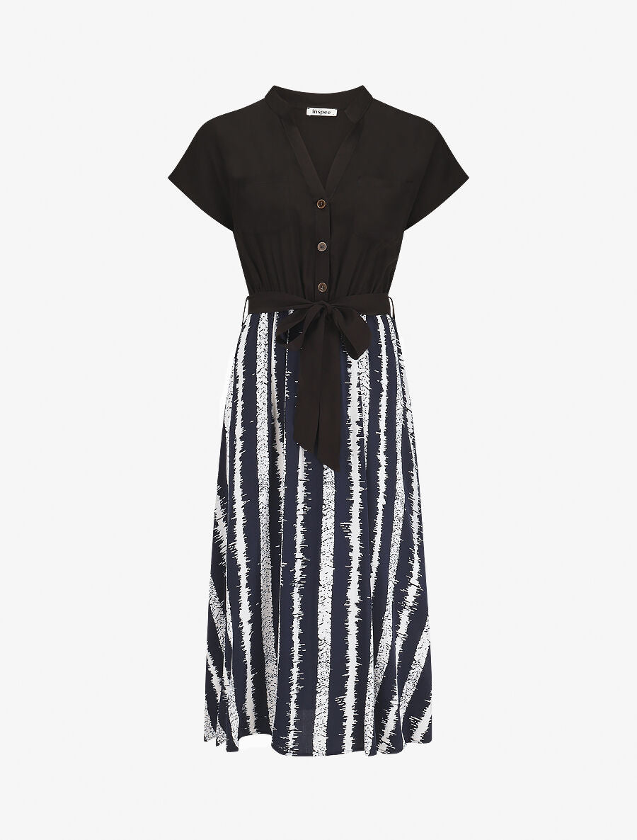 Robe longue élastiquée à jupe imprimé rayures - Marine - 4