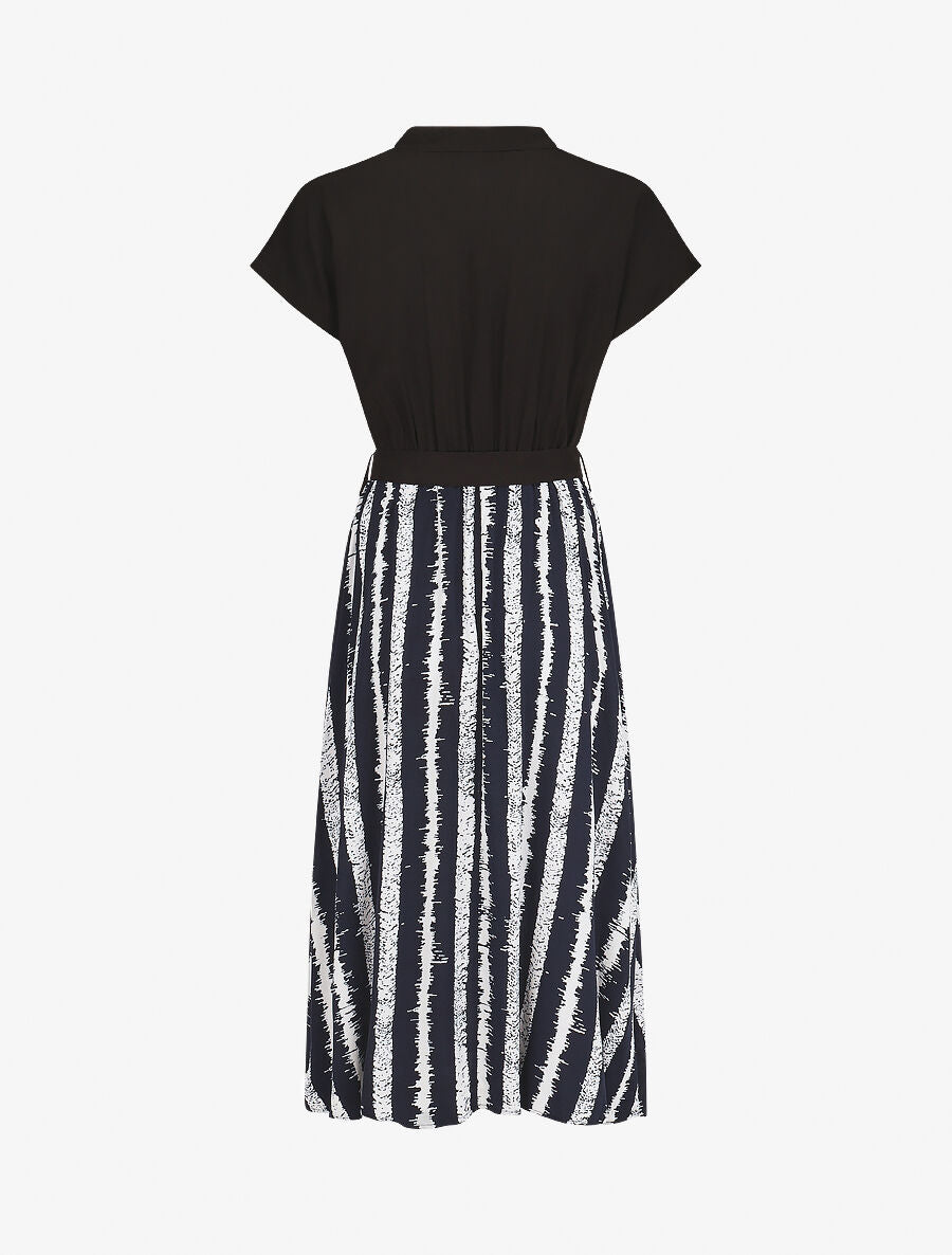 Robe longue élastiquée à jupe imprimé rayures - Marine - 2