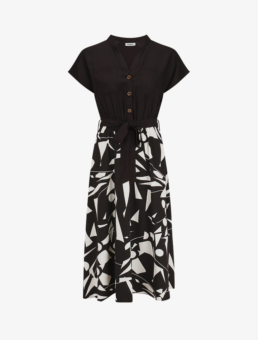 Robe longue élastiquée à jupe imprimé géométrique - Noir - 5