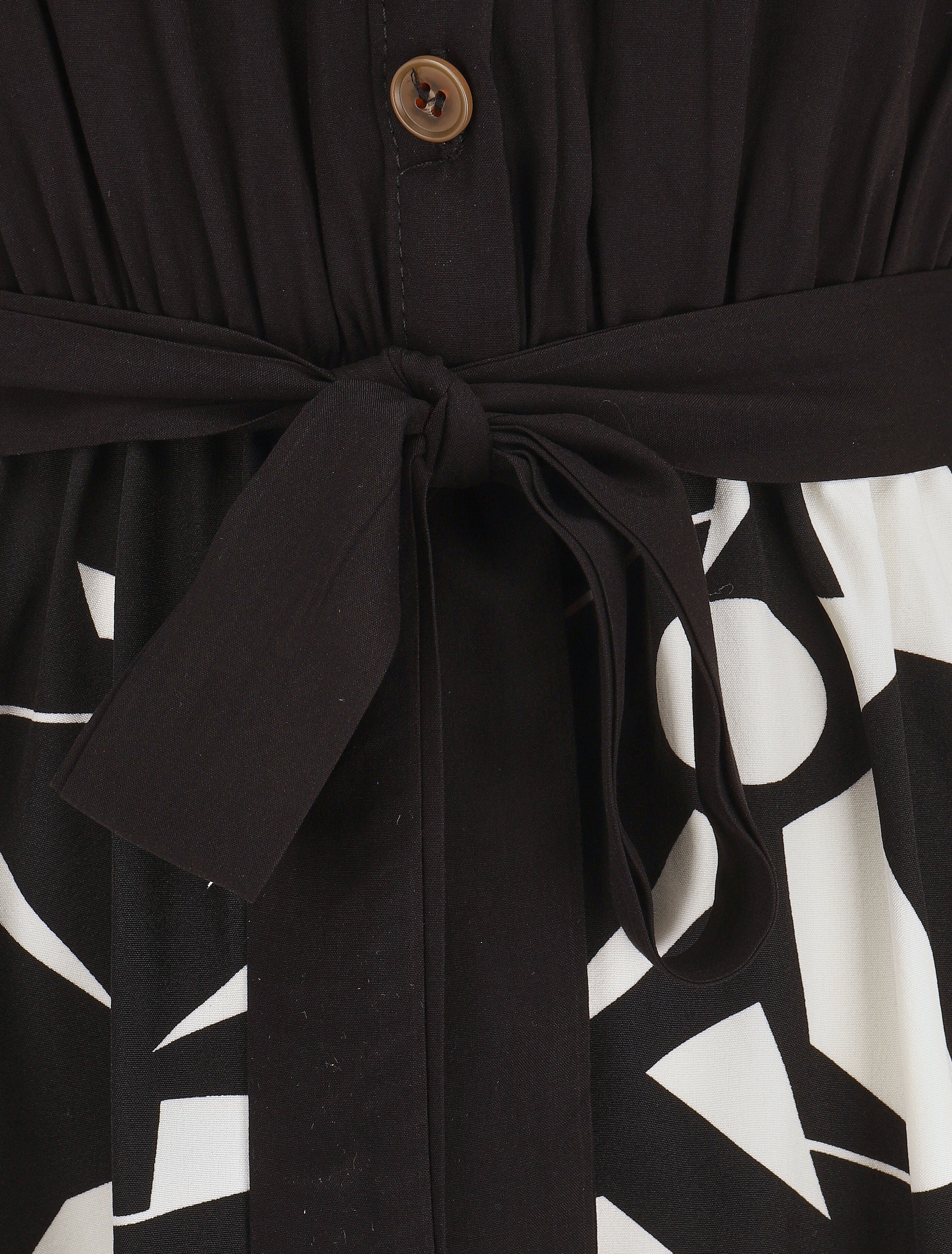 Robe longue élastiquée à jupe imprimé géométrique - Noir - 3