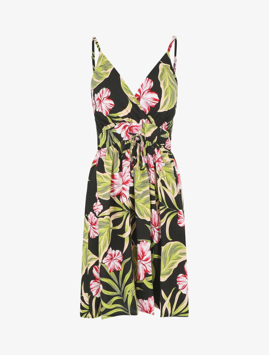 Robe à fines bretelles imprimé tropical - Noir - 4
