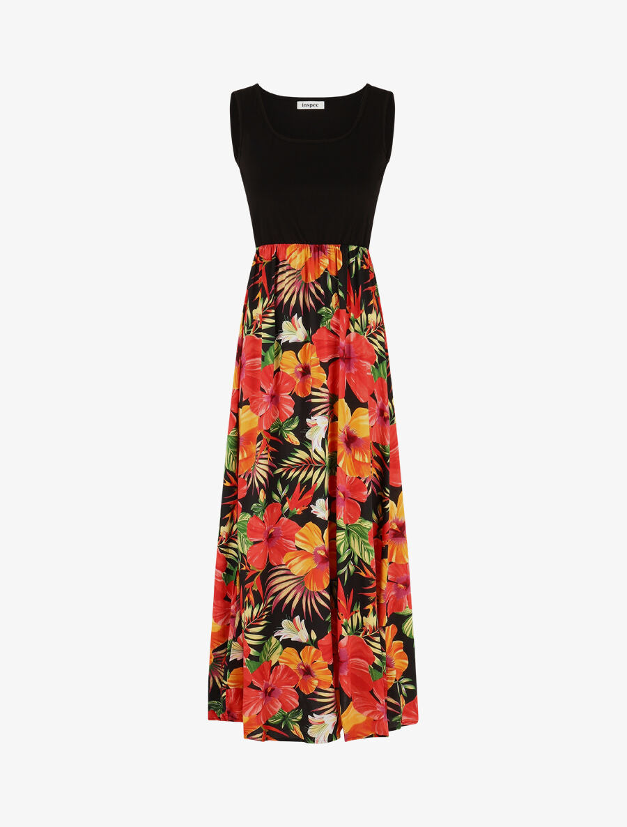 Robe longue sans manches imprimé tropical - Noir - 1