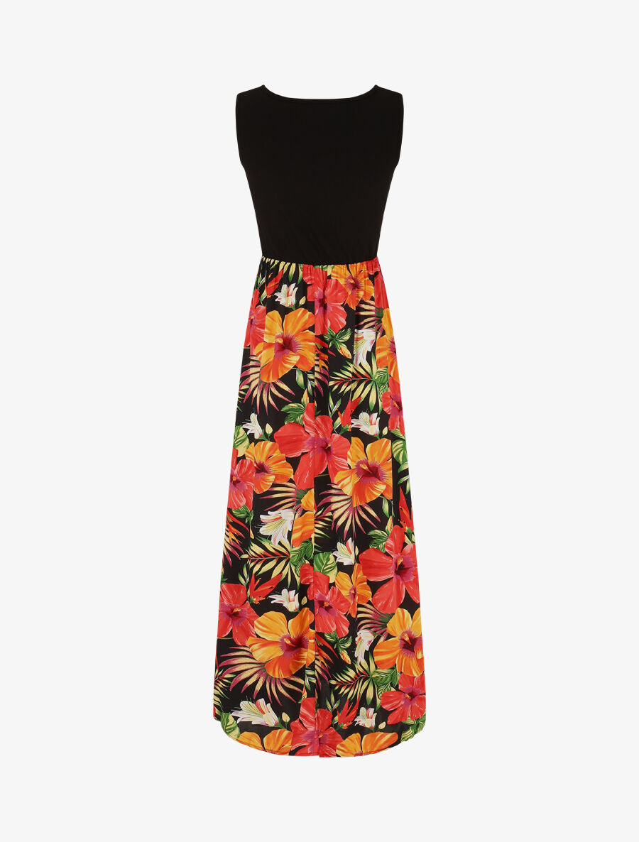 Robe longue sans manches imprimé tropical - Noir - 2