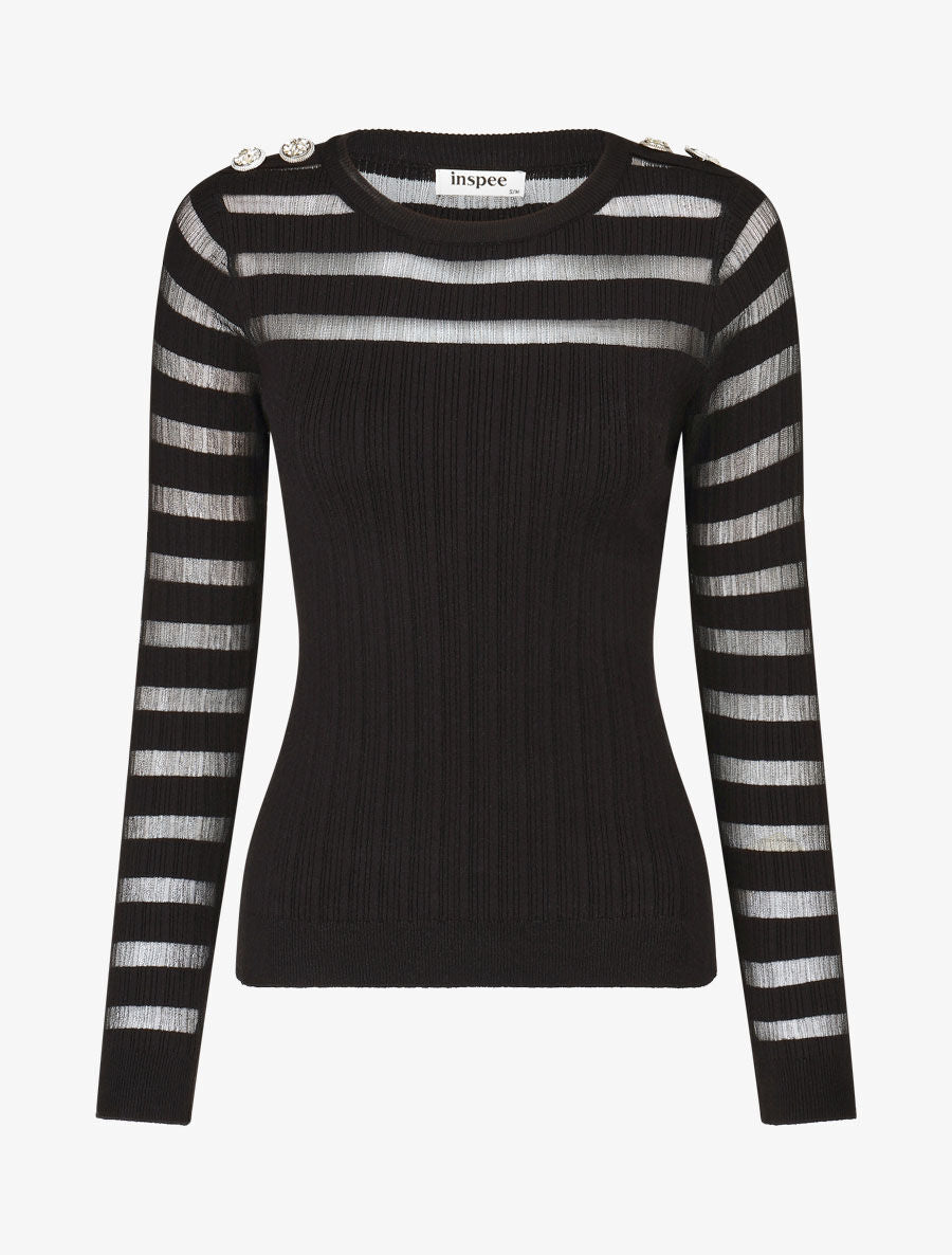 Pull uni à bandes ajourées et bijoux aux épaules - Noir - 1