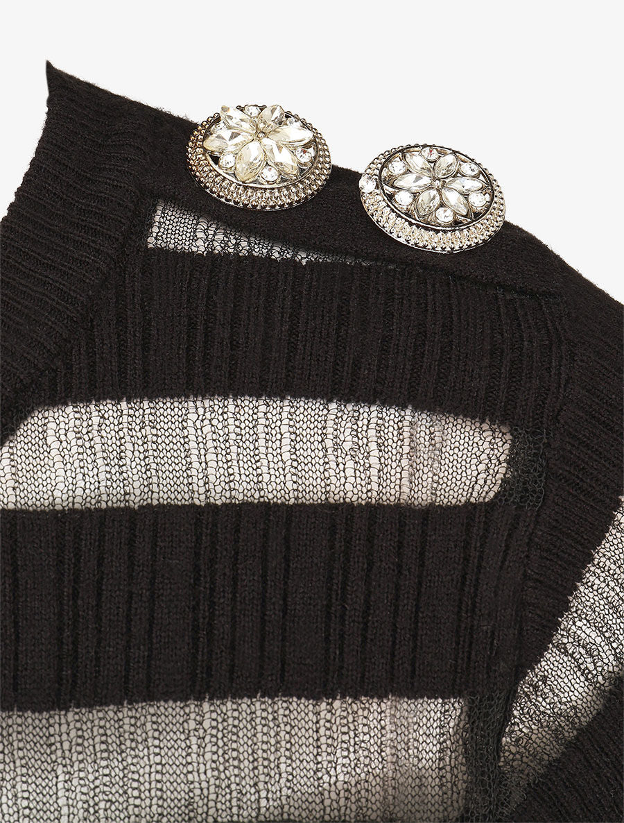 Pull uni à bandes ajourées et bijoux aux épaules - Noir - 3