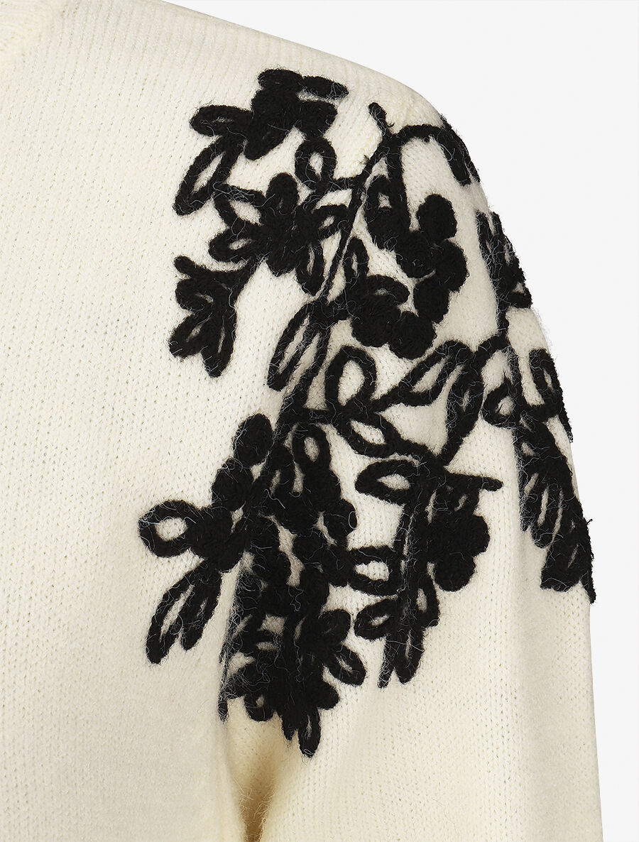 Pull uni à broderies fleuries aux épaules - Beige - 3