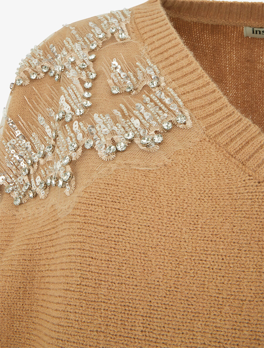 Pull uni à empiècement strass et perles aux épaules - Camel - 3