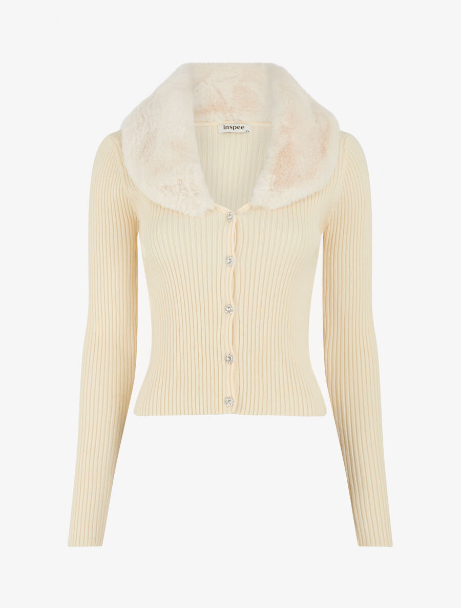 Gilet côtelé ajusté col en fourrure - Beige clair - 1