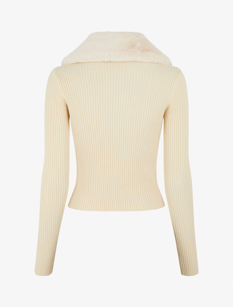 Gilet côtelé ajusté col en fourrure - Beige clair - 2
