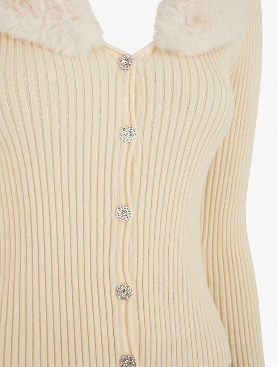 Gilet côtelé ajusté col en fourrure - Beige clair - 3