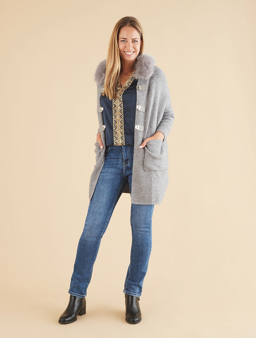 Gilet long uni à boutons à bascule - Gris - 4