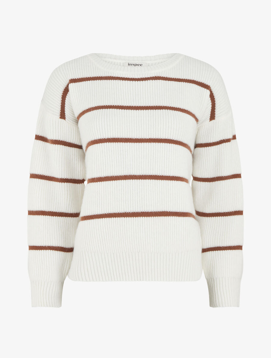 Pull droit col rond à rayures - Blanc - 1