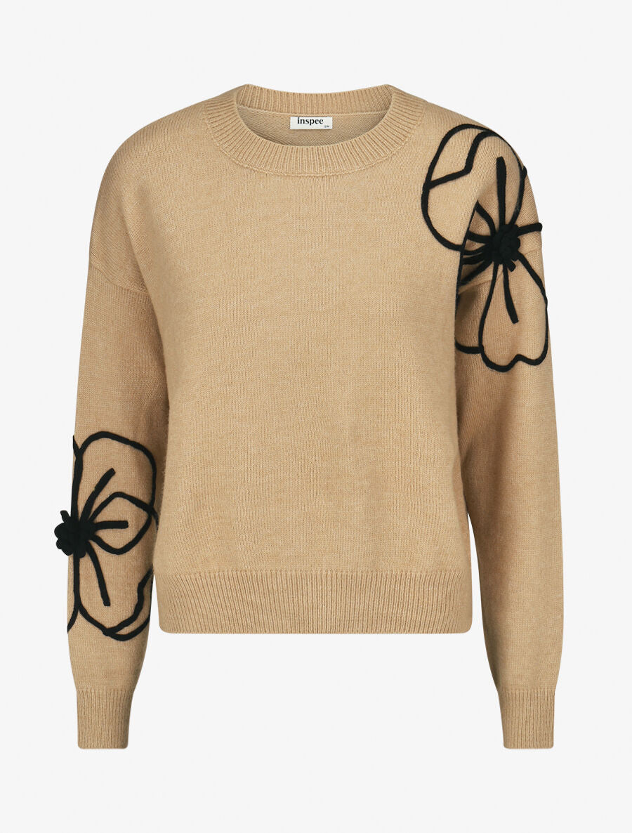 Pull en maille broderie fleurs - Beige - 5