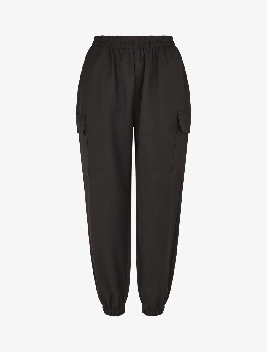 Pantalon fluide uni à bords élastiqués - Noir - 1