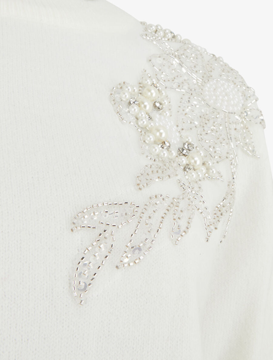 Pull uni orné de perles et strass - Blanc - 3