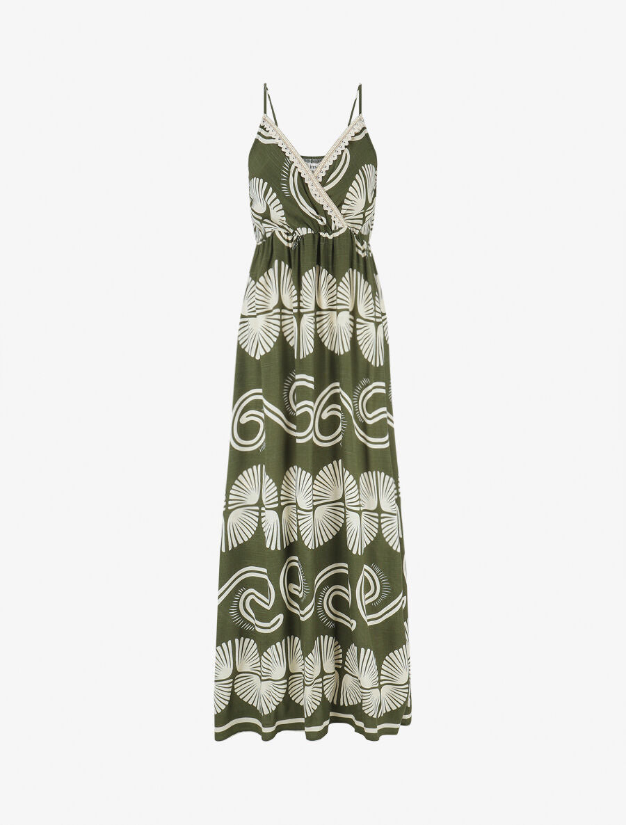 Robe longue à fines bretelles imprimé fantaisie - Kaki - 1