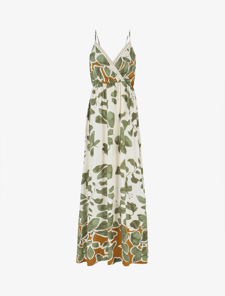 Robe longue à fines bretelles imprimé feuillage - Kaki - 4
