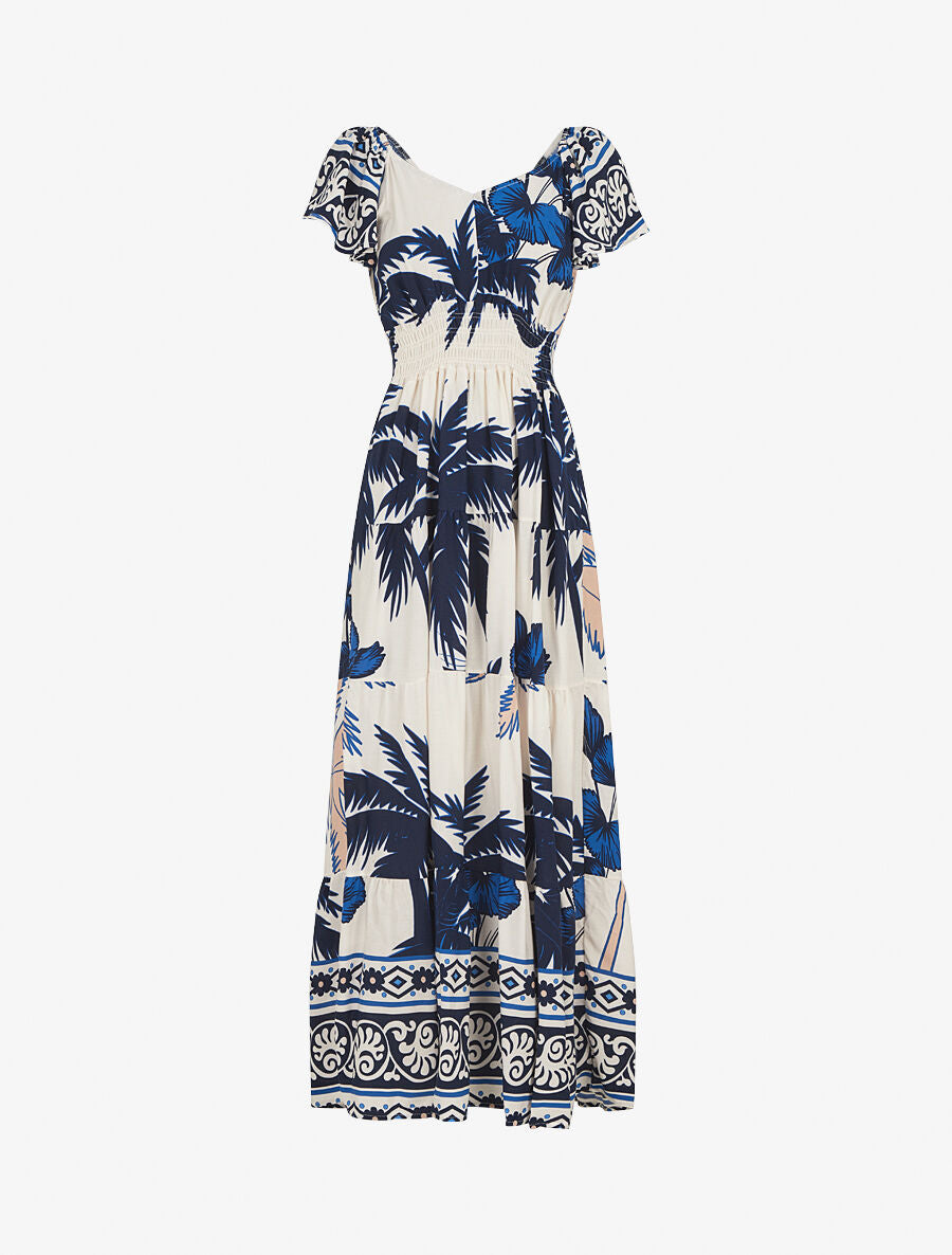 Robe longue imprimé palmier à manches courtes - Marine - 1