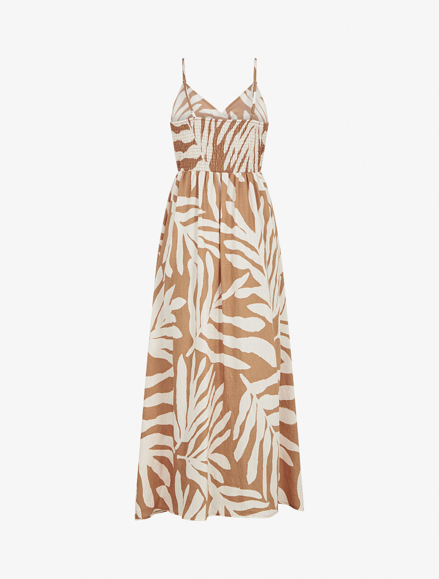 Robe longue à fines bretelles imprimé feuillage - Camel - 2