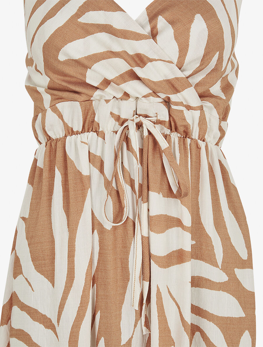 Robe longue à fines bretelles imprimé feuillage - Camel - 3