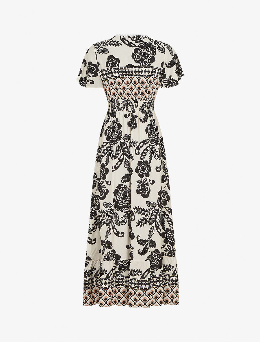 Robe longue fleurie à manches courtes - Écru - 2