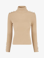 Pull côtelé à col roulé et boutons - Beige - 1