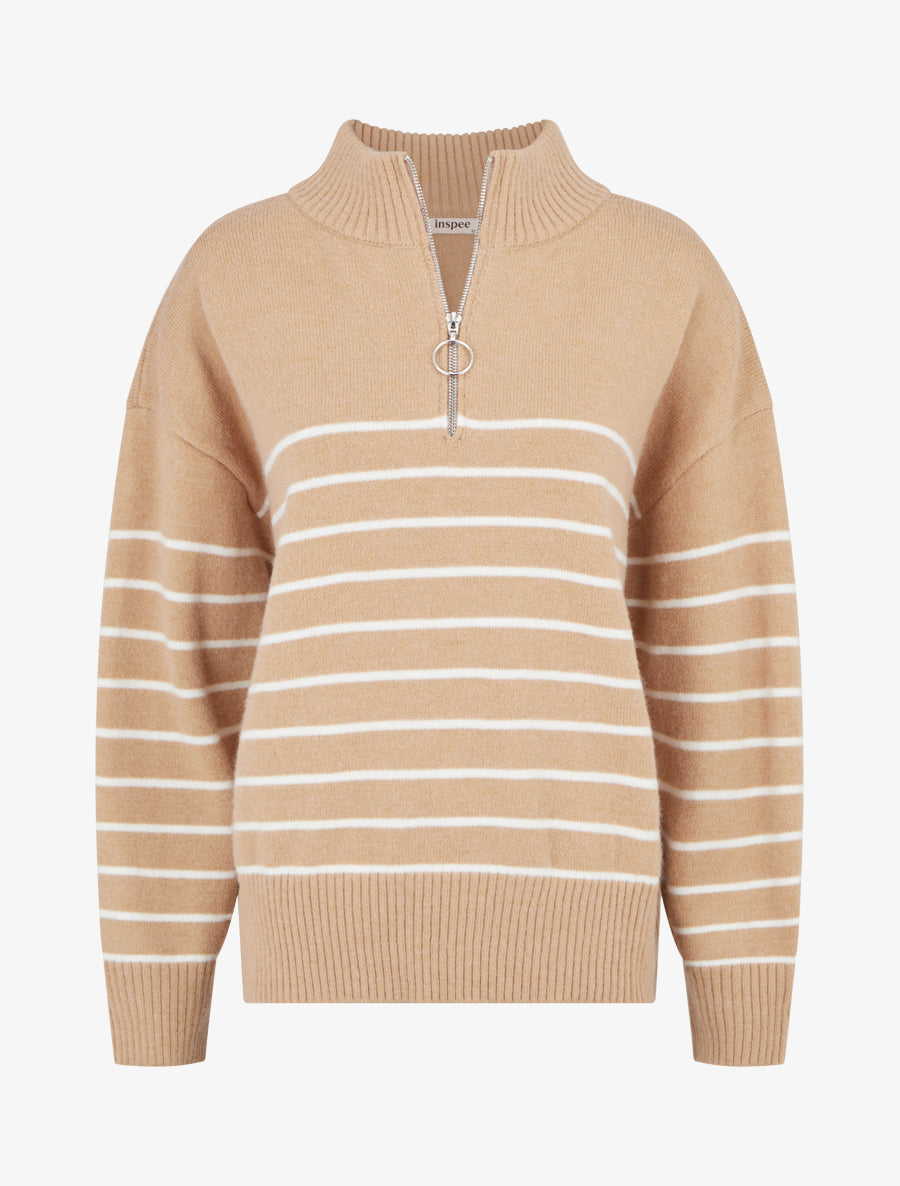 Pull rayé à col zippé - Beige - 1