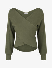 Jersey liso de canalé con cuello cruzado - Caqui