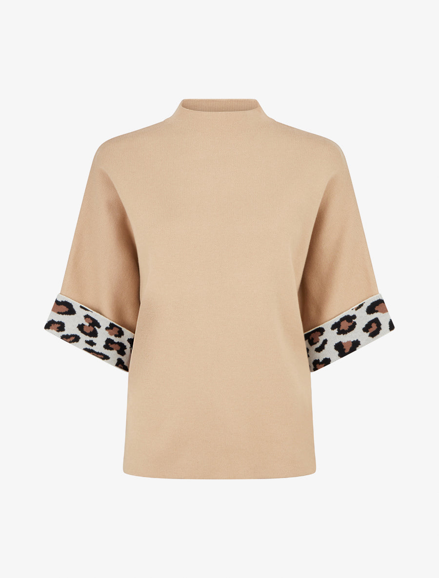 Pull à col montant et détail imprimé léopard - Camel - 1