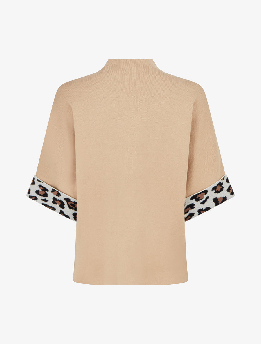 Pull à col montant et détail imprimé léopard - Camel - 2