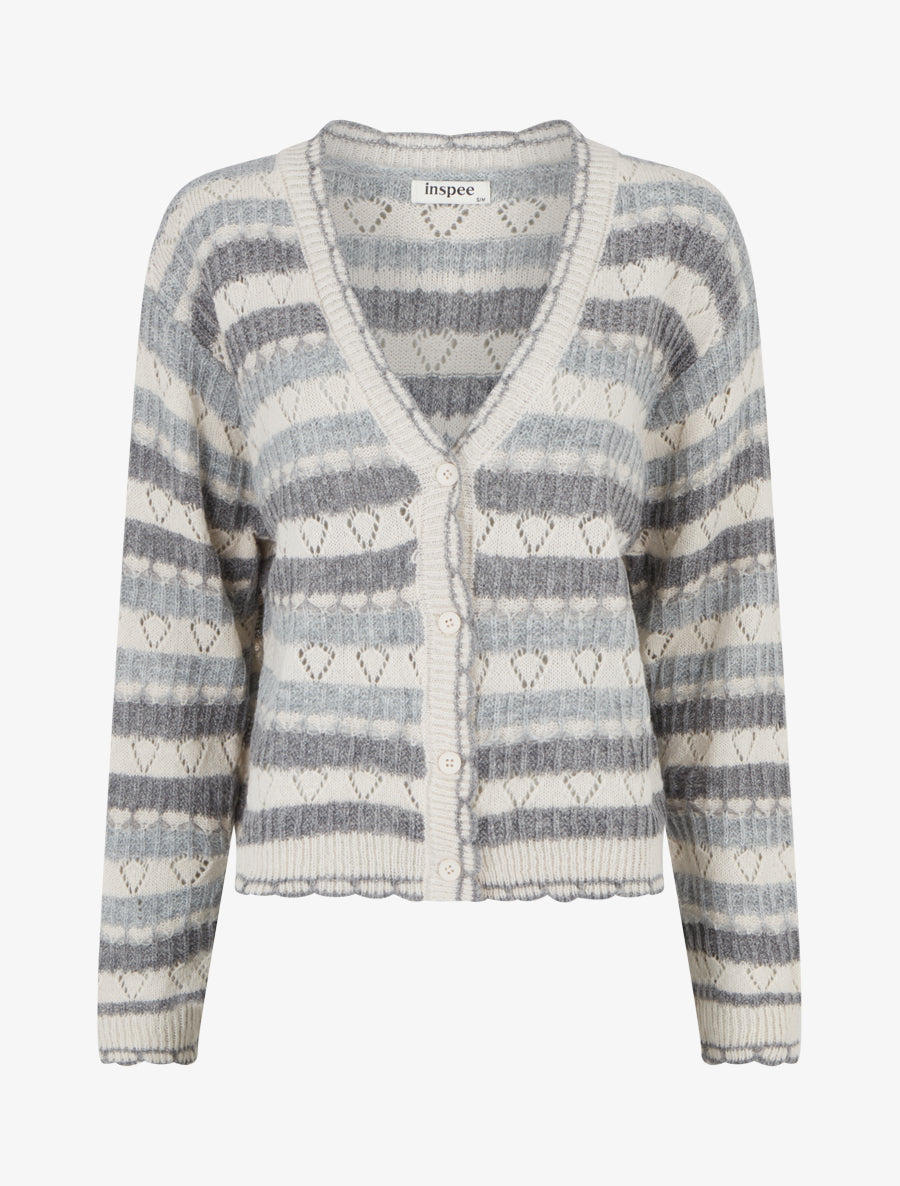 Gilet rayé en maille fantaisie à col V - Gris - 1