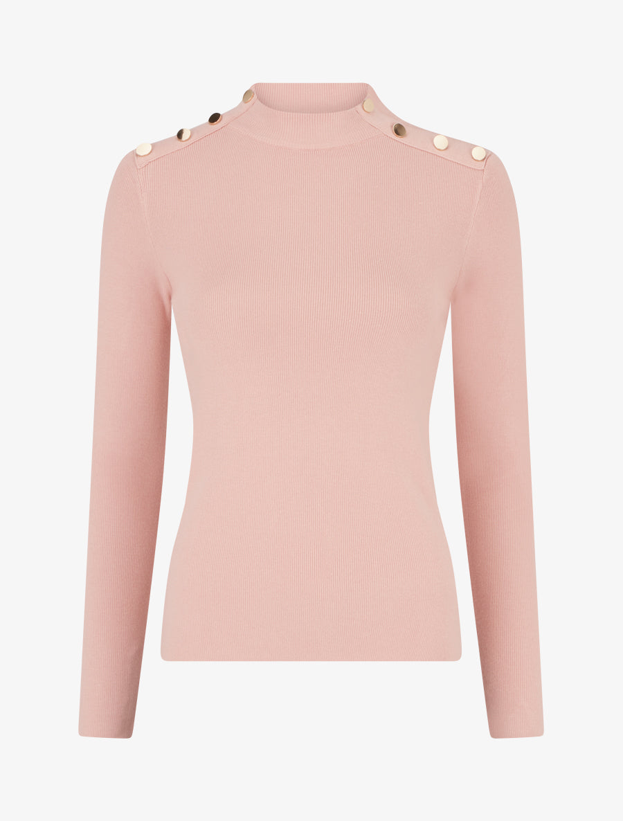 Pull côtelé ajusté à boutons dorés - Rose - 1