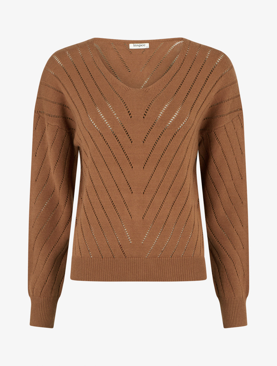Pull uni ajouré à col V - Camel - 1
