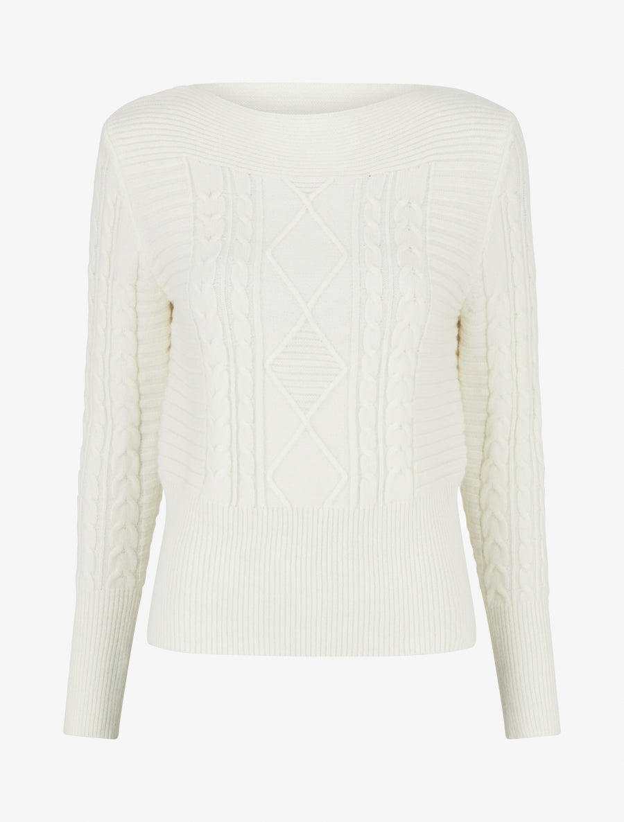 Pull droit à col bateau en maille fantaisie - Blanc - 1