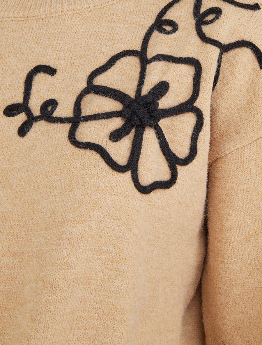Pull en maille à broderies fleurs - Camel clair - 3