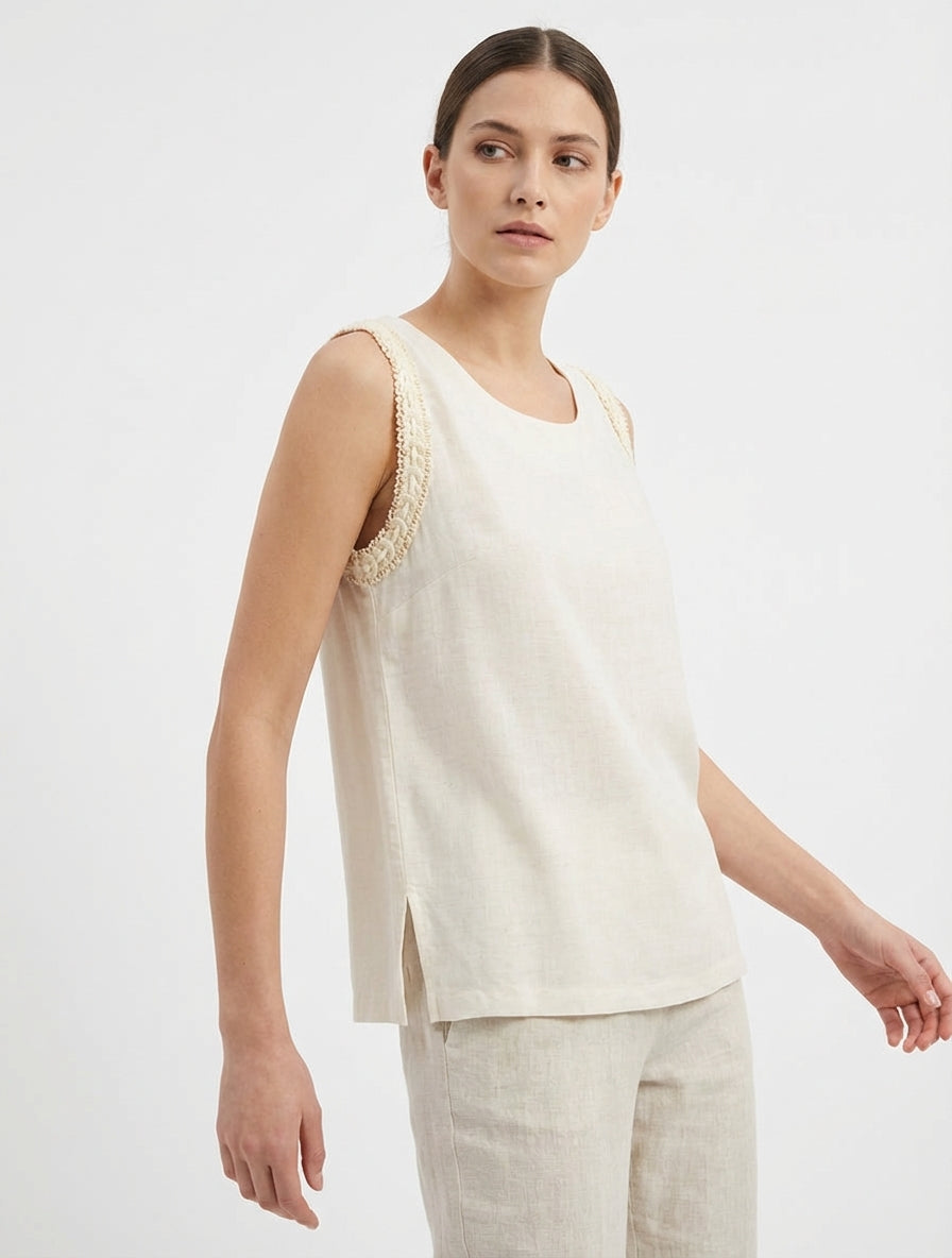 Top fluido liso sin mangas - Crema