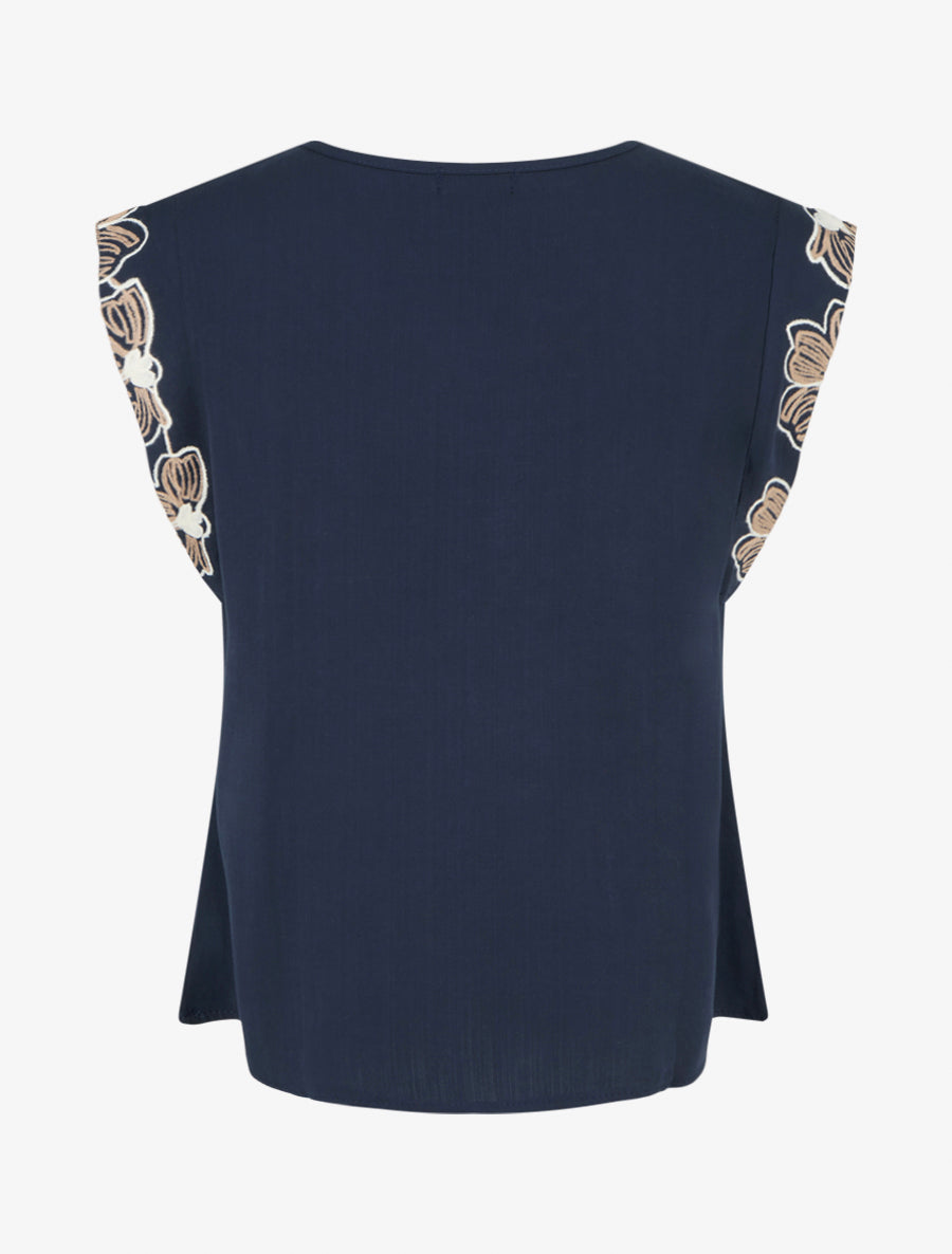 Top uni à mancherons brodés - Marine - 2