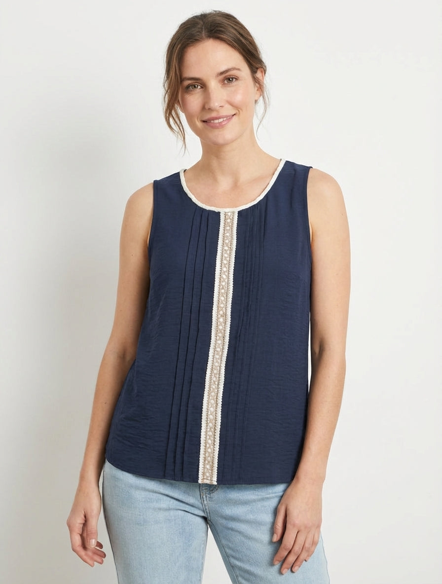 Top sin mangas con cuello redondo y bordado - Marine