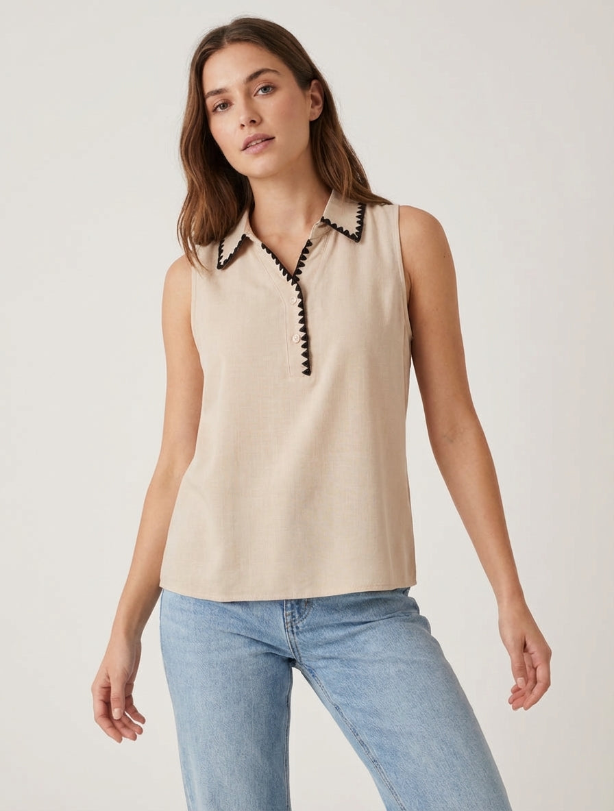 Blusa sin mangas con cuello bordado - Beis