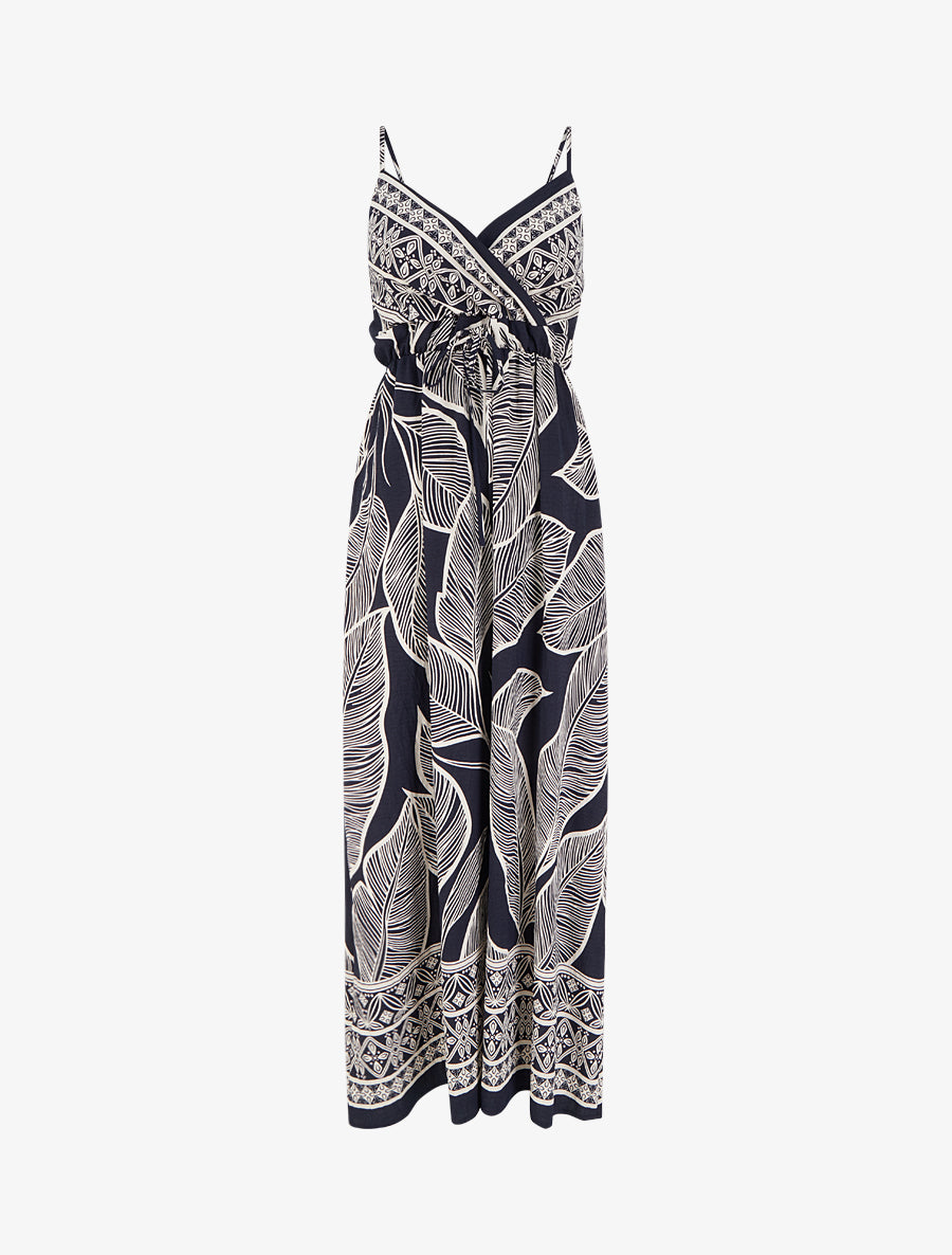Robe longue imprimé feuilles stylisées - Marine - 1