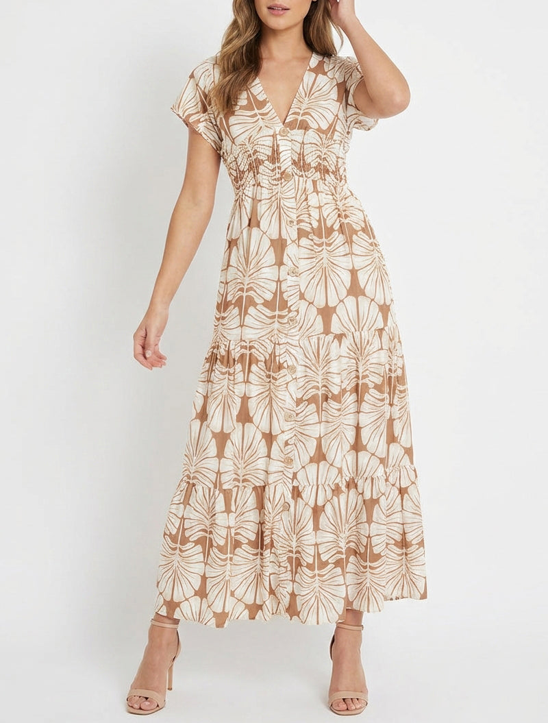 Vestido largo de mangas cortas con estampado de hojas grandes - Camello