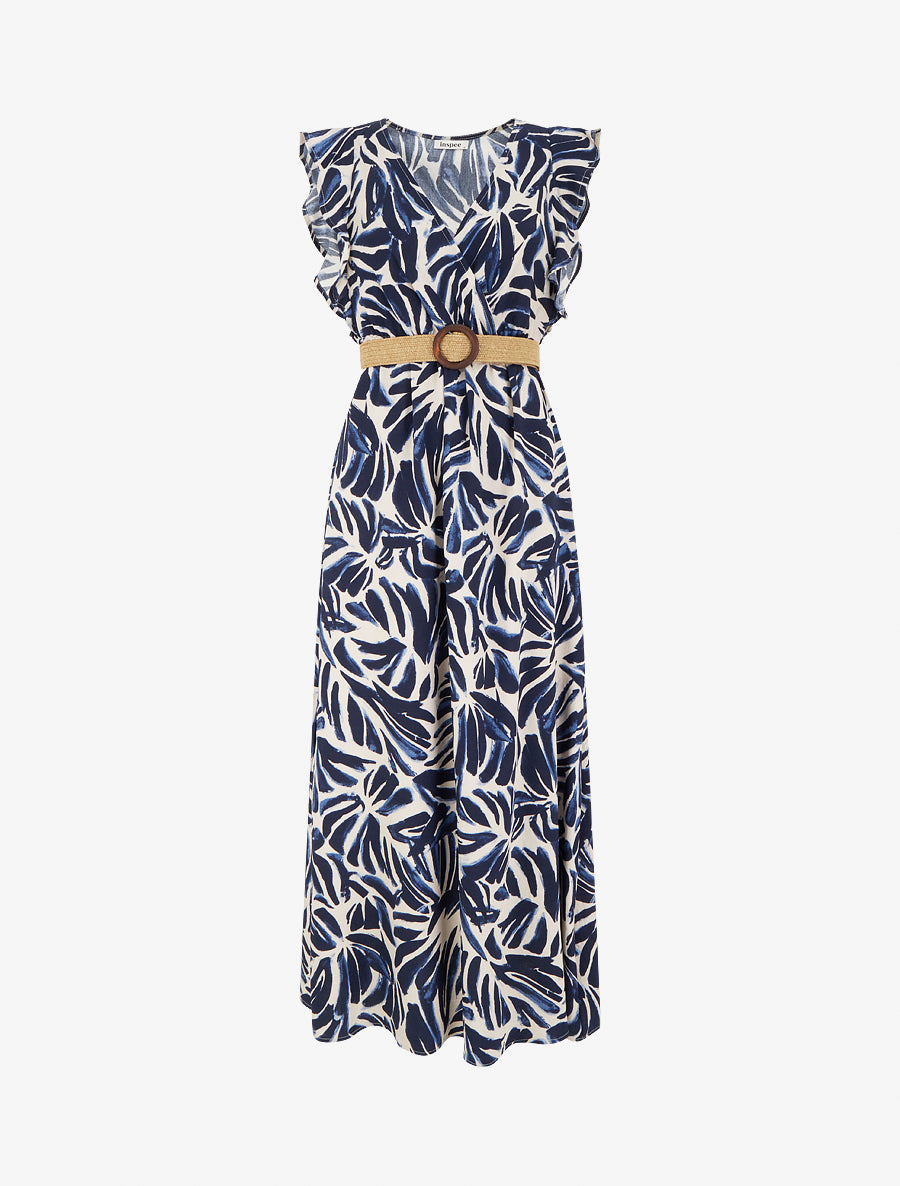 Robe longue imprimé fantaisie à col cache-coeur - Marine - 1