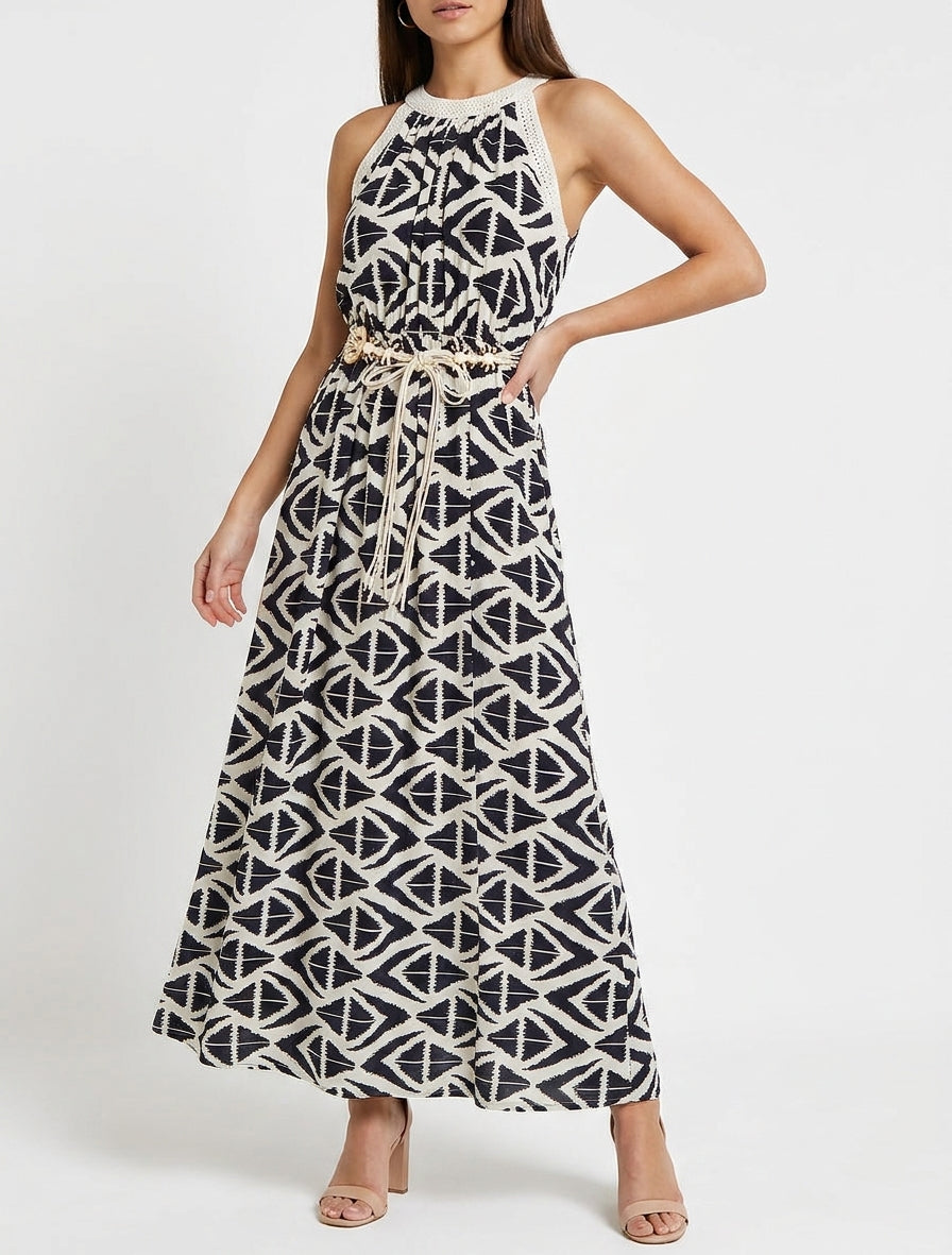 Vestido largo con cuello americano estampado gráfico - Marine