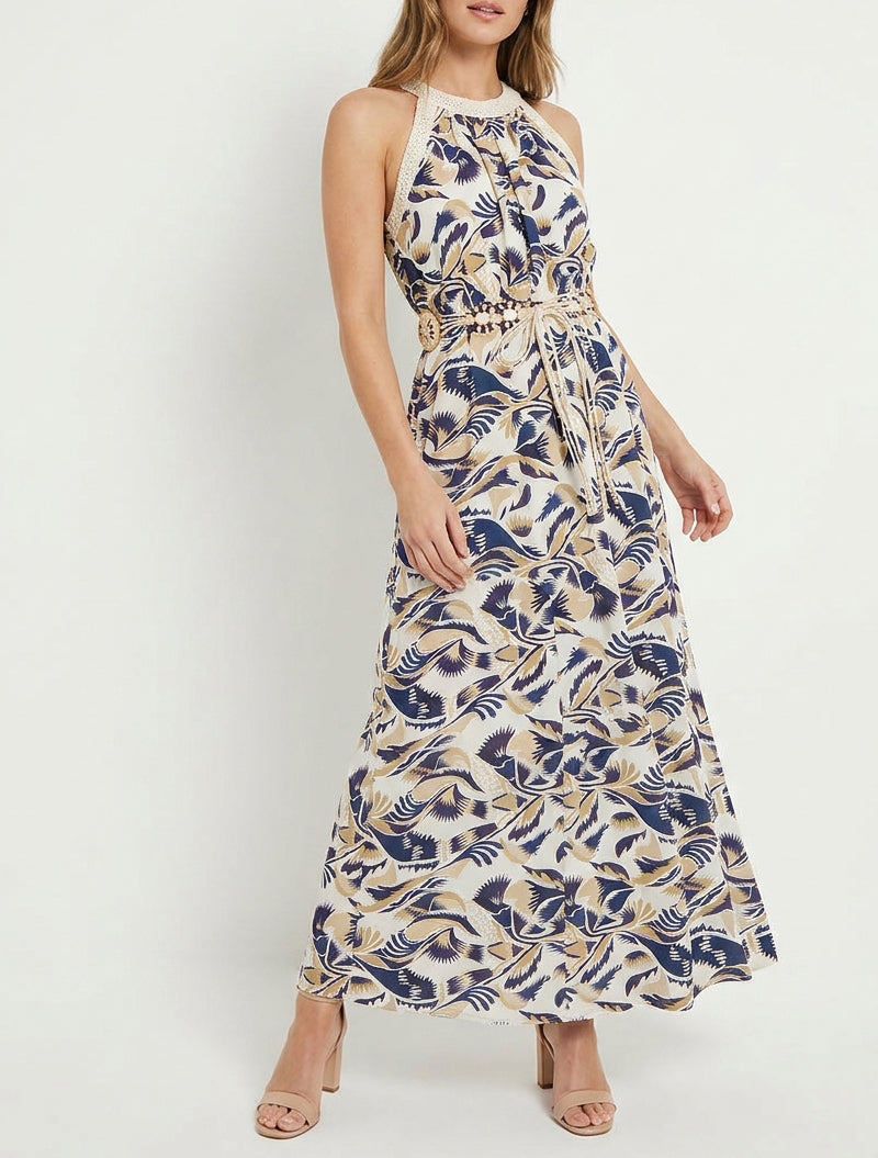 Vestido largo con cuello americano estampado fantasía - Marine