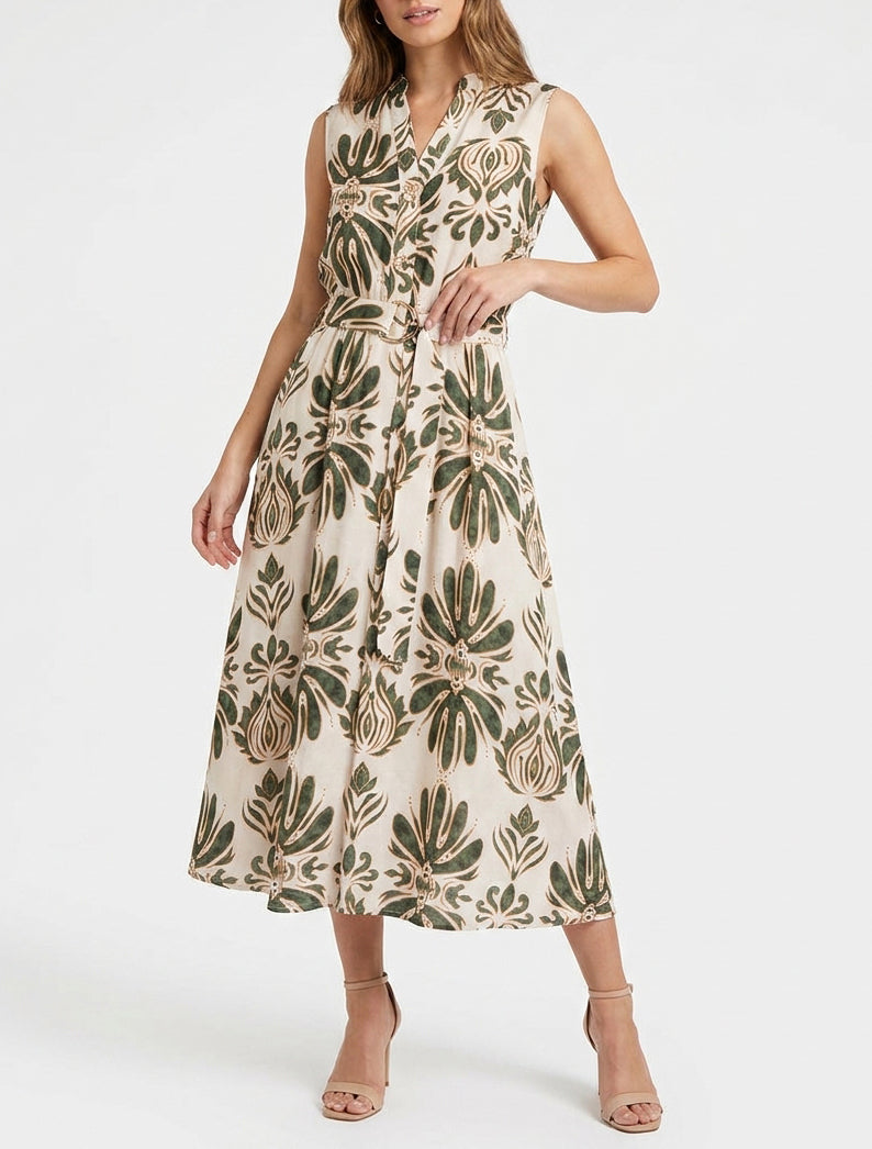 Vestido largo estampado ikat con botones decorativos - Verde